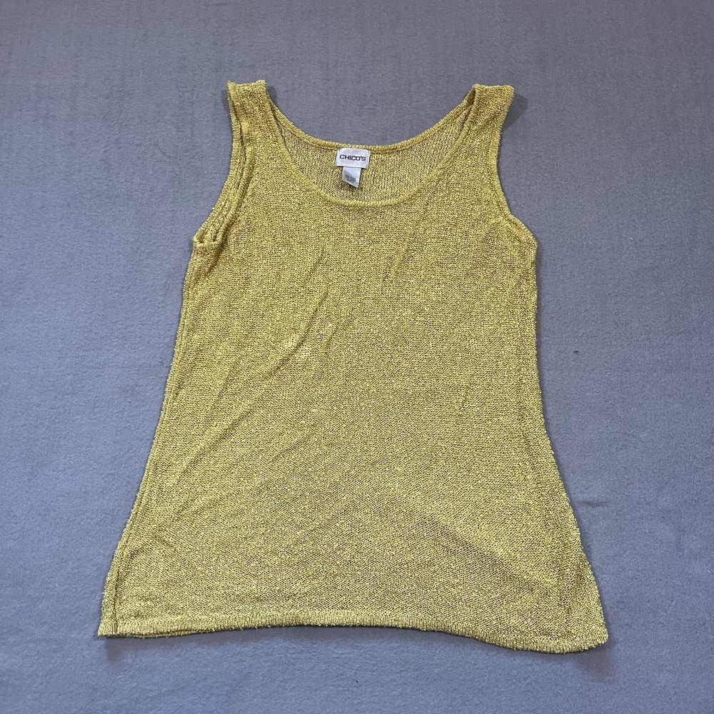 Chico's Metallic Green Sleeveless Knit Tank Top Shimmery Sparkle Blouse Size 2‎
